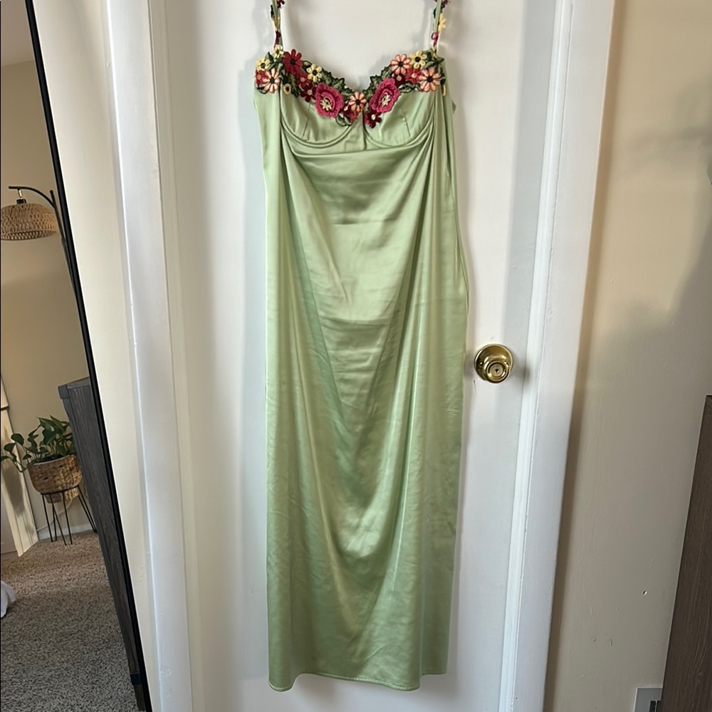 Floral Embroidered Green Slip Dress